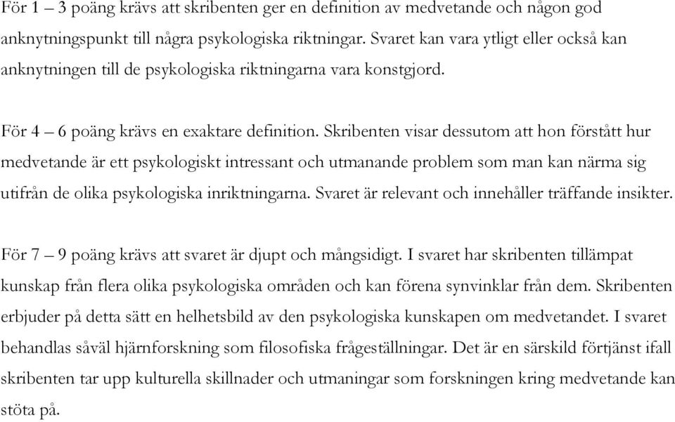 Skribenten visar dessutom att hon förstått hur medvetande är ett psykologiskt intressant och utmanande problem som man kan närma sig utifrån de olika psykologiska inriktningarna.