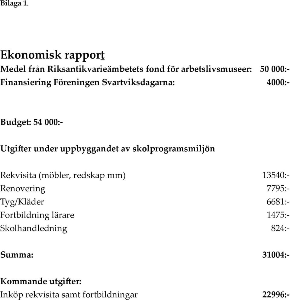 Föreningen Svartviksdagarna: 4000:- Budget: 54 000:- Utgifter under uppbyggandet av skolprogramsmiljön
