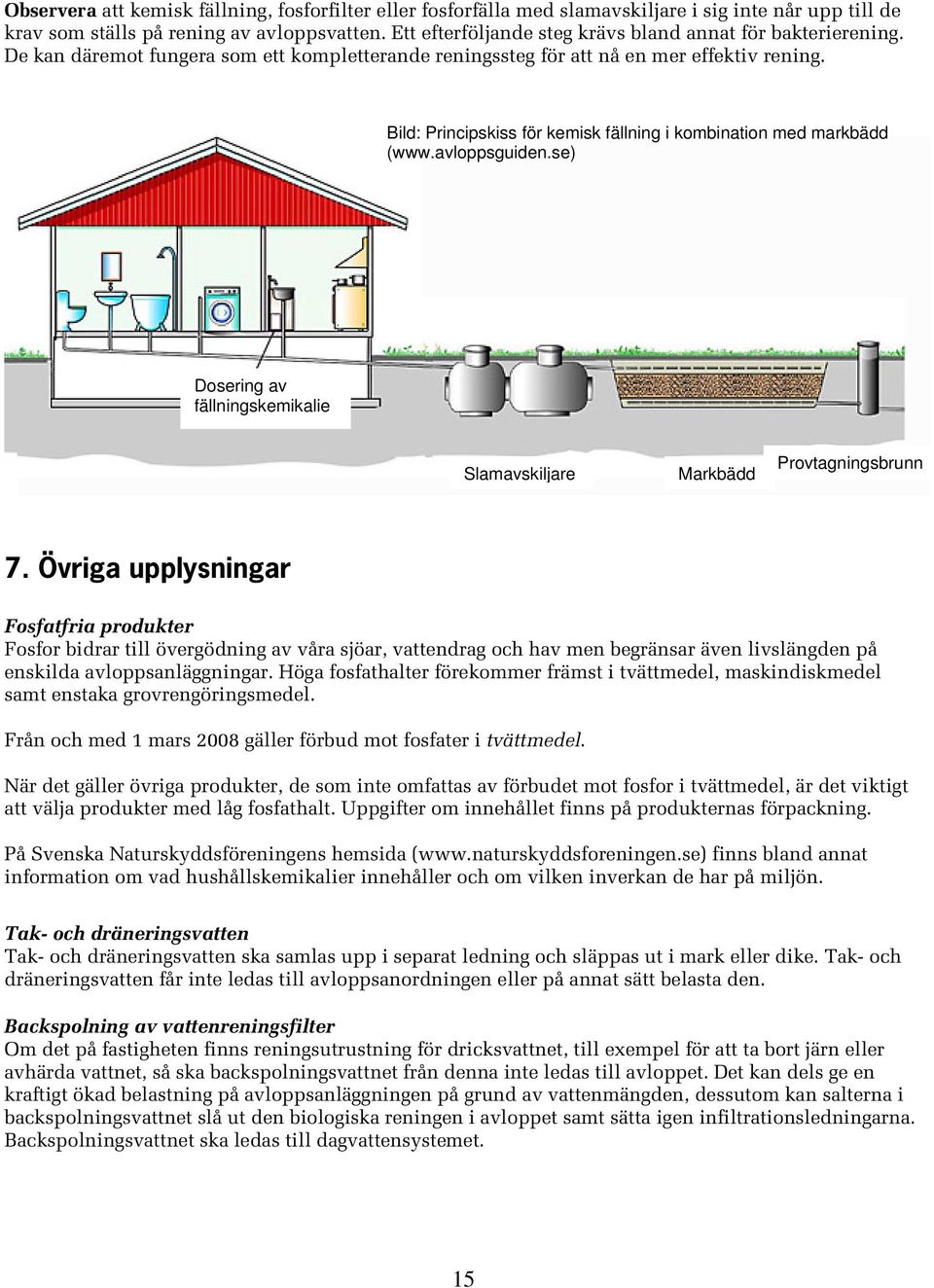 Bild: Principskiss för kemisk fällning i kombination med markbädd (www.avloppsguiden.se) Dosering av fällningskemikalie Slamavskiljare Markbädd Provtagningsbrunn 7.