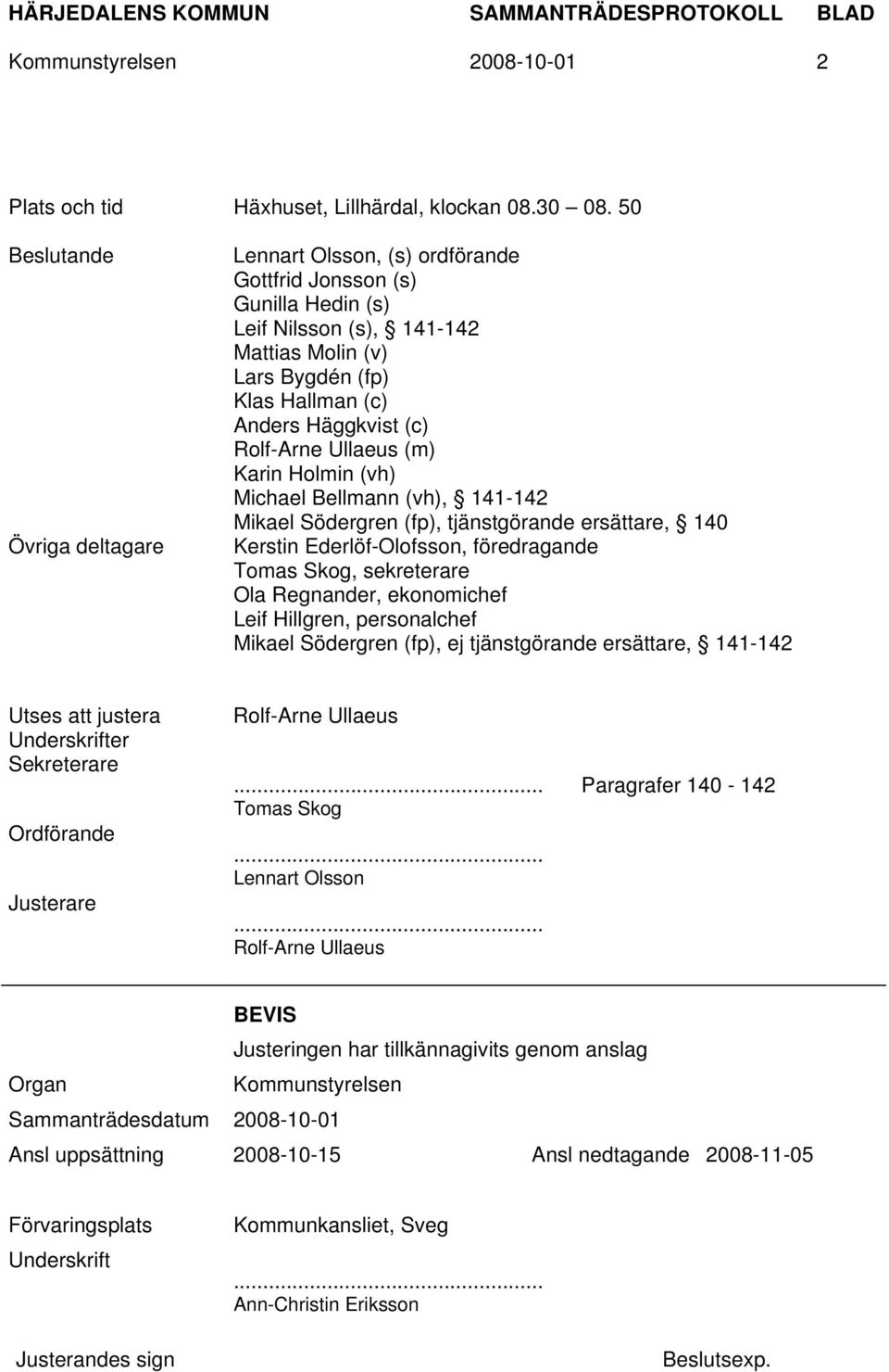 Rolf-Arne Ullaeus (m) Karin Holmin (vh) Michael Bellmann (vh), 141-142 Mikael Södergren (fp), tjänstgörande ersättare, 140 Kerstin Ederlöf-Olofsson, föredragande Tomas Skog, sekreterare Ola