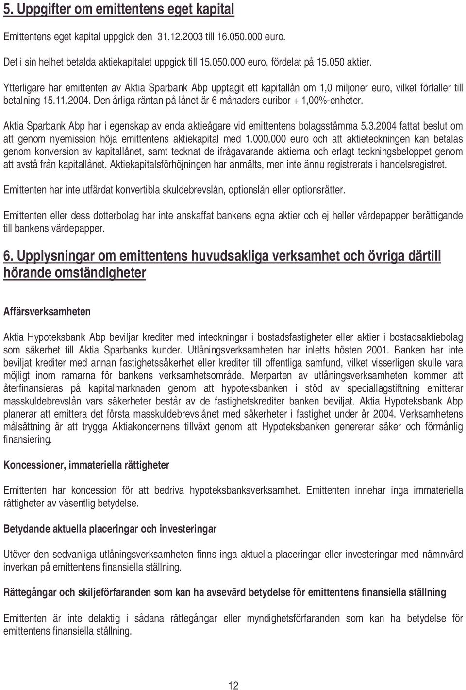 Den årliga räntan på lånet är 6 månaders euribor + 1,00%-enheter. Aktia Sparbank Abp har i egenskap av enda aktieägare vid emittentens bolagsstämma 5.3.