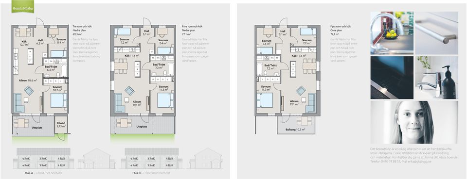 övre M K F ST TT TM Bad/Tvätt 6,6 m 2 plan. Denna lägenhet finns även med balkong (övre plan). Kök 11,4 m 2 M K ST TT TM Bad/Tvätt 7,2 m 2 plan. Denna lägenhet finns även som spegelvänd variant.