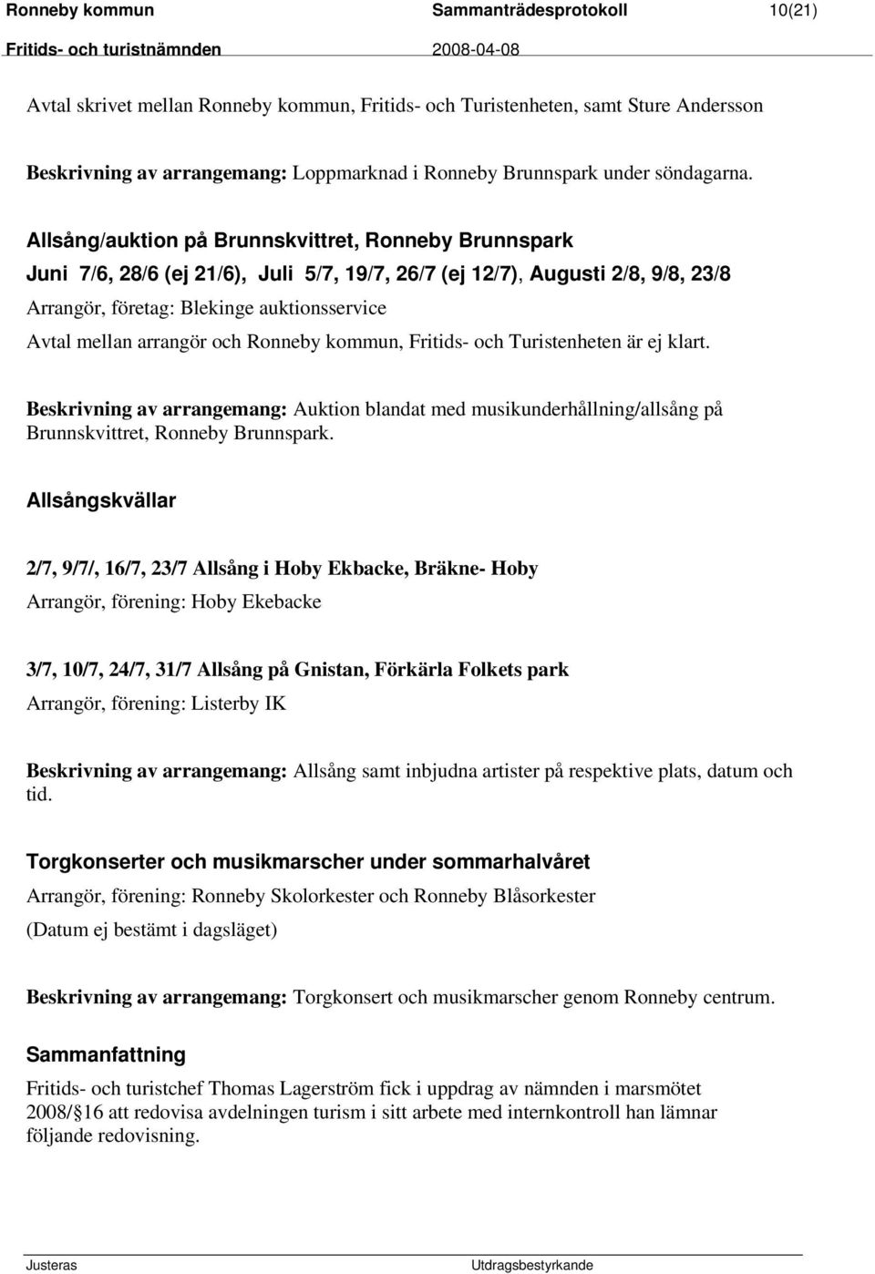 Allsång/auktion på Brunnskvittret, Ronneby Brunnspark Juni 7/6, 28/6 (ej 21/6), Juli 5/7, 19/7, 26/7 (ej 12/7), Augusti 2/8, 9/8, 23/8 Arrangör, företag: Blekinge auktionsservice Avtal mellan