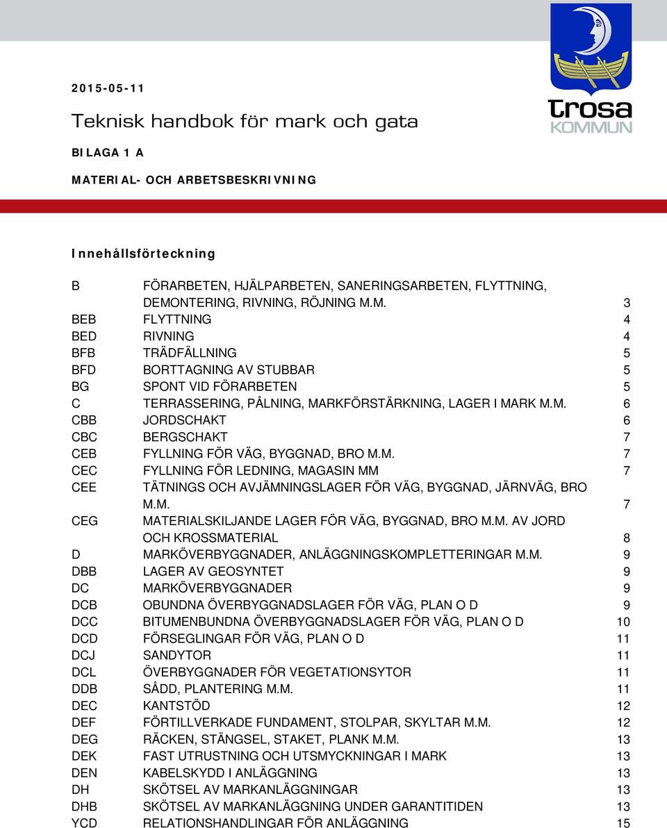 NTERING, RIVNING, RÖJNING M.M. 3 BEB FLYTTNING 4 BED RIVNING 4 BFB TRÄDFÄLLNING 5 BFD BORTTAGNING AV STUBBAR 5 BG SPONT VID RARBETEN 5 C TERRASSERING, PÅLNING, MARKRSTÄRKNING, LAGER I MARK M.M. 6 CBB JORDSCHAKT 6 CBC BERGSCHAKT 7 CEB FYLLNING R VÄG, BYGGNAD, BRO M.