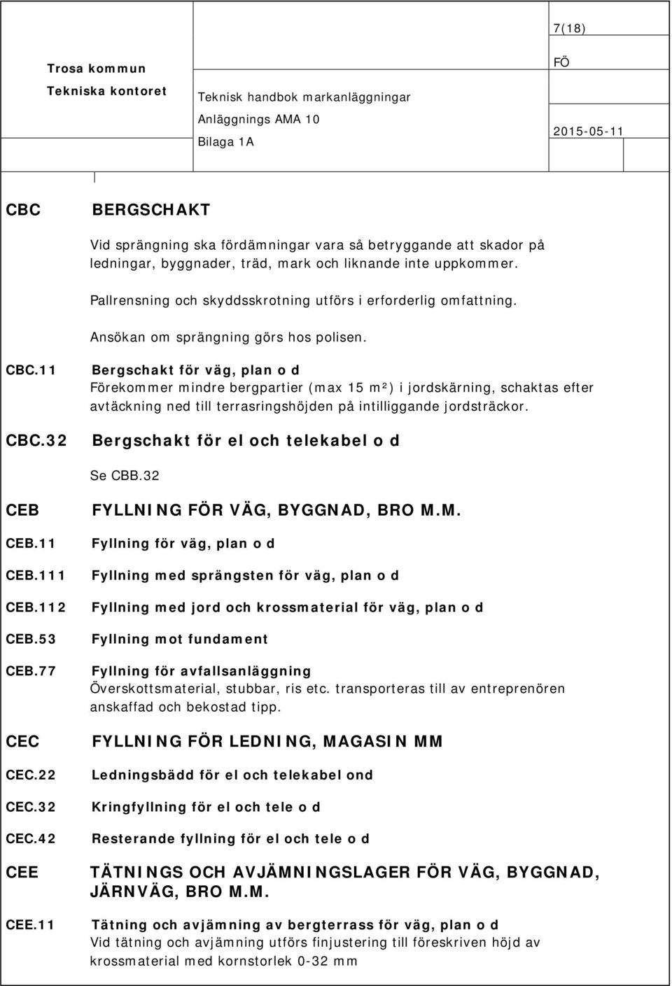 32 Bergschakt för väg, plan o d Förekommer mindre bergpartier (max 15 m²) i jordskärning, schaktas efter avtäckning ned till terrasringshöjden på intilliggande jordsträckor.