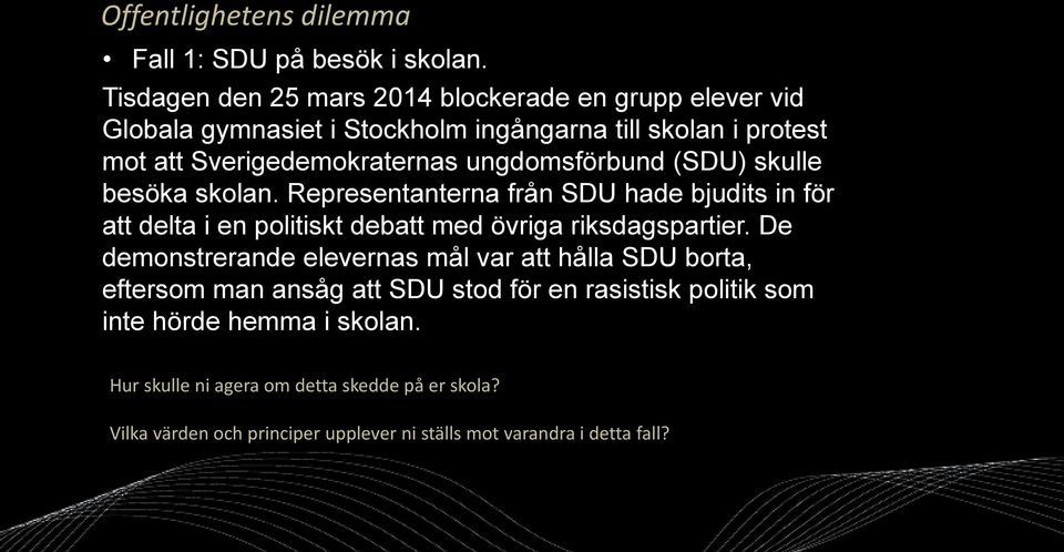 ungdomsförbund (SDU) skulle besöka skolan. Representanterna från SDU hade bjudits in för att delta i en politiskt debatt med övriga riksdagspartier.