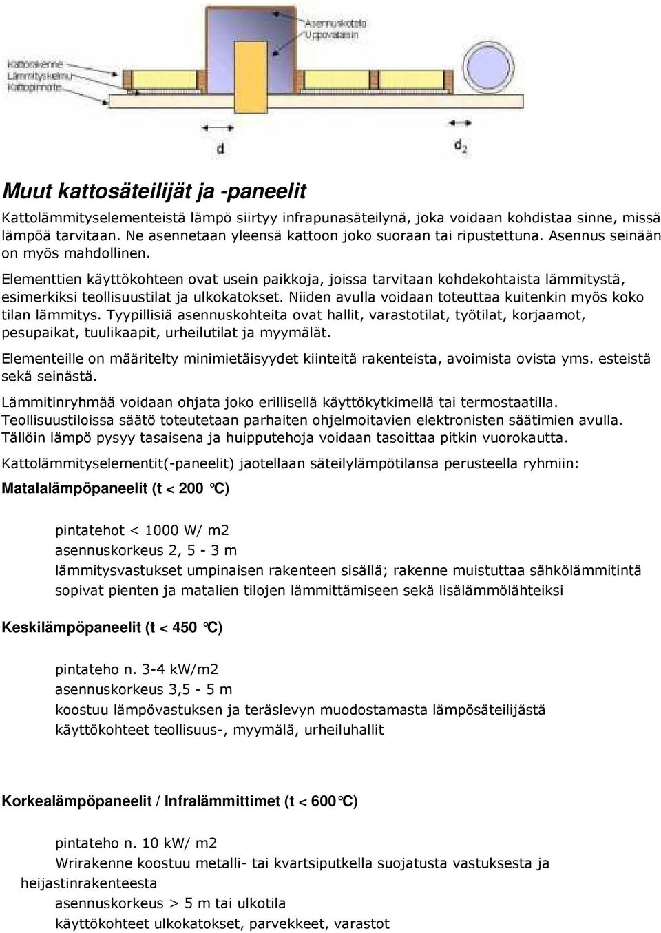 Elementtien käyttökohteen ovat usein paikkoja, joissa tarvitaan kohdekohtaista lämmitystä, esimerkiksi teollisuustilat ja ulkokatokset.