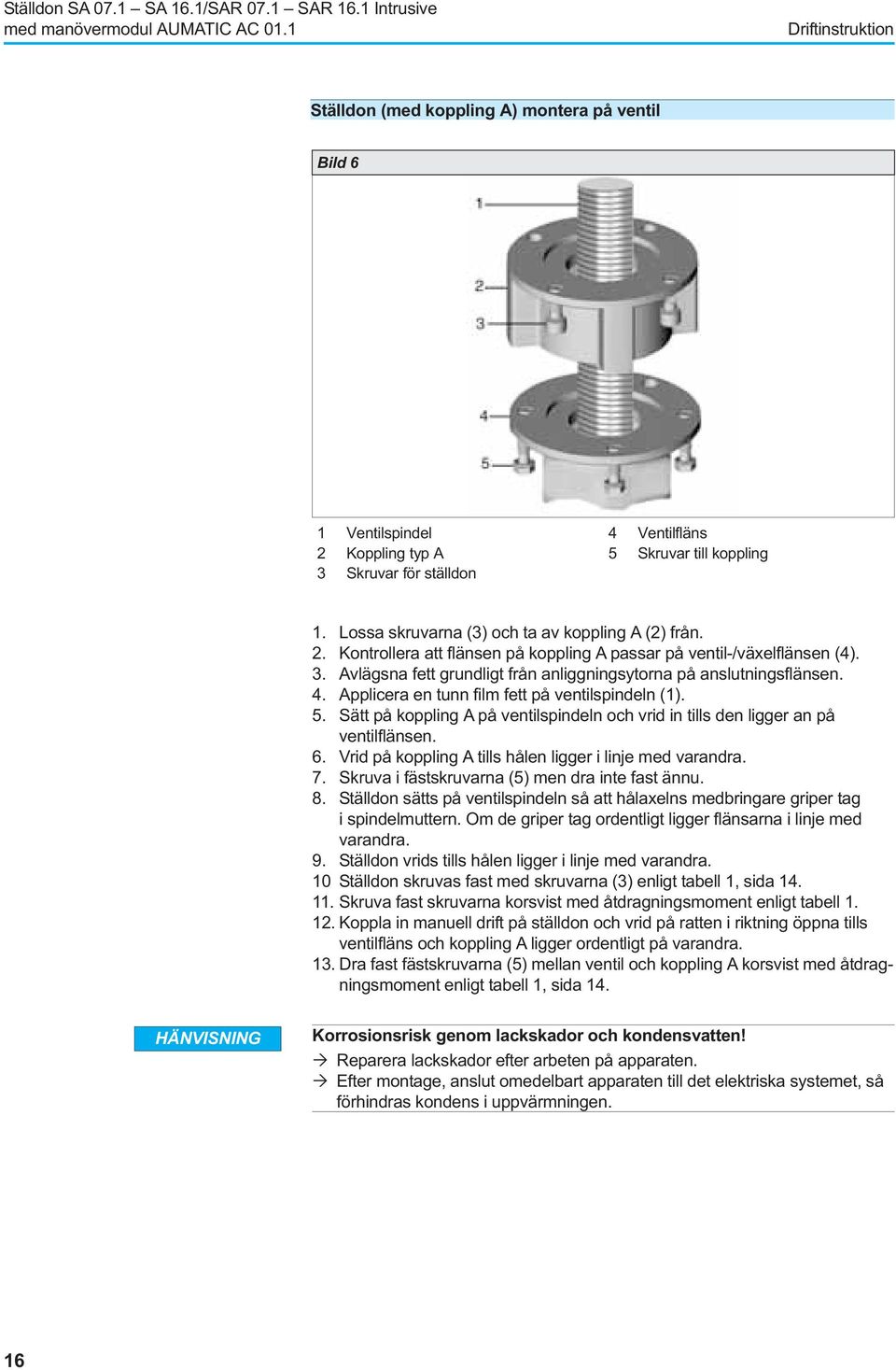 4. Applicera en tunn film fett på ventilspindeln (1). 5. Sätt på koppling A på ventilspindeln och vrid in tills den ligger an på ventilflänsen. 6.