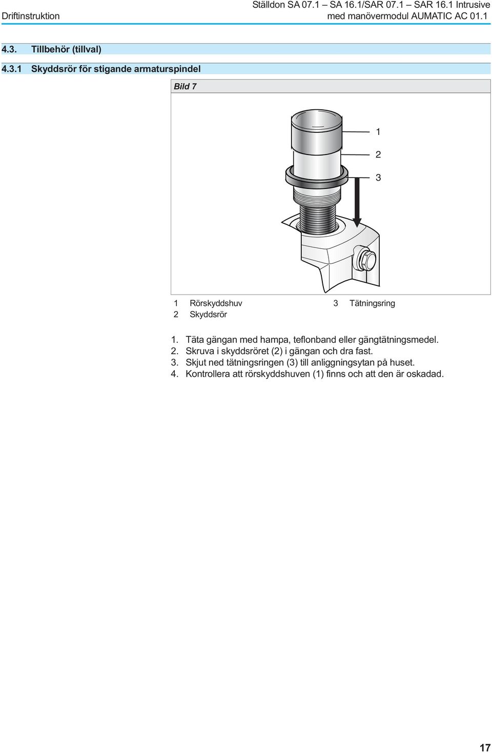 1 Skyddsrör för stigande armaturspindel Bild 7 1 2 3 1 Rörskyddshuv 3 Tätningsring 2 Skyddsrör 1.