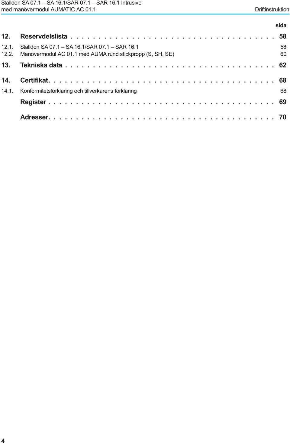 Certifikat......................................... 68 14.1. Konformitetsförklaring och tillverkarens förklaring 68 Register.