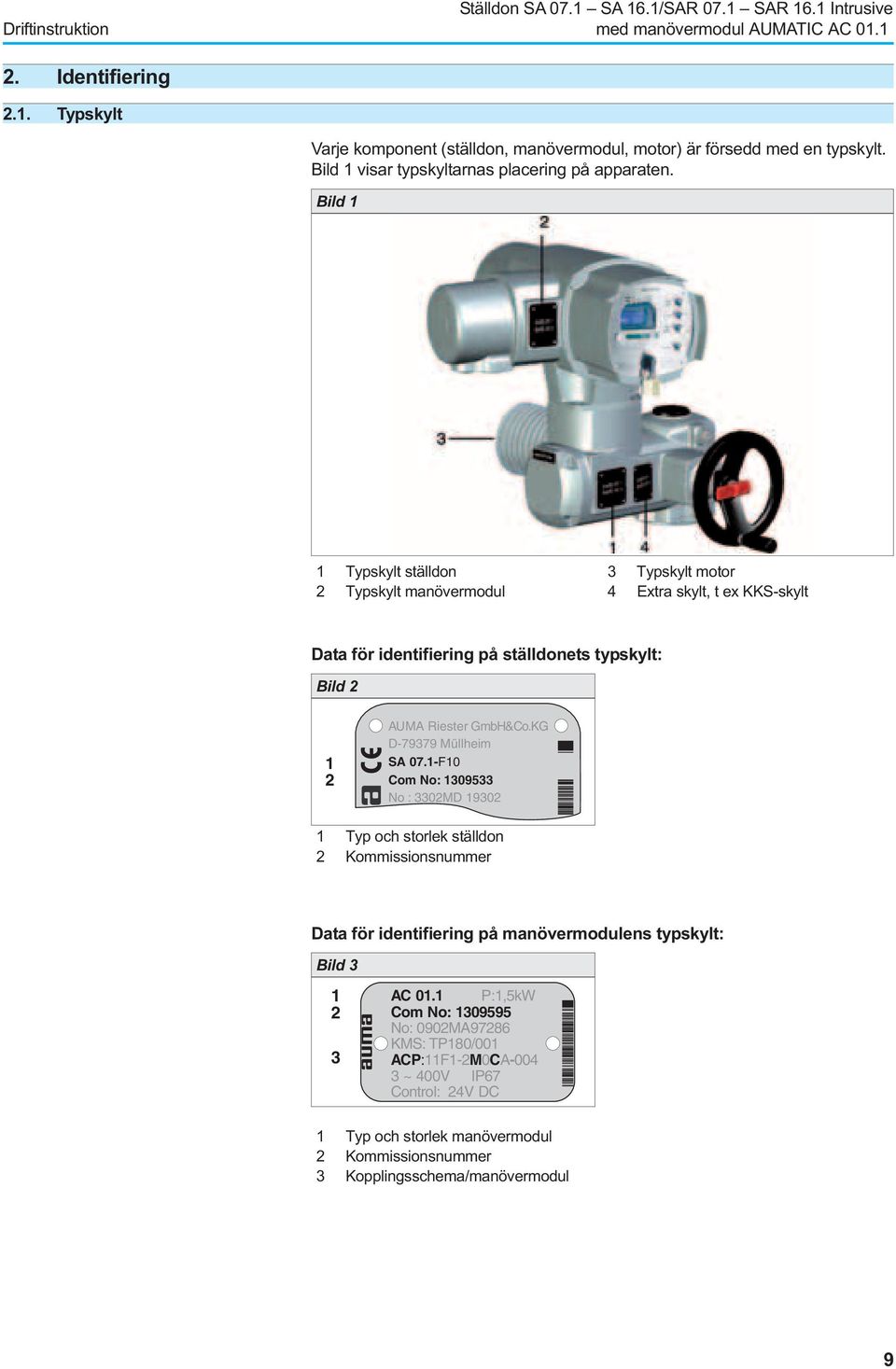 Bild 1 1 Typskylt ställdon 3 Typskylt motor 2 Typskylt manövermodul 4 Extra skylt, t ex KKS-skylt Data för identifiering på ställdonets typskylt: Bild 2 1 2 CC AUMA Riester GmbH&Co.