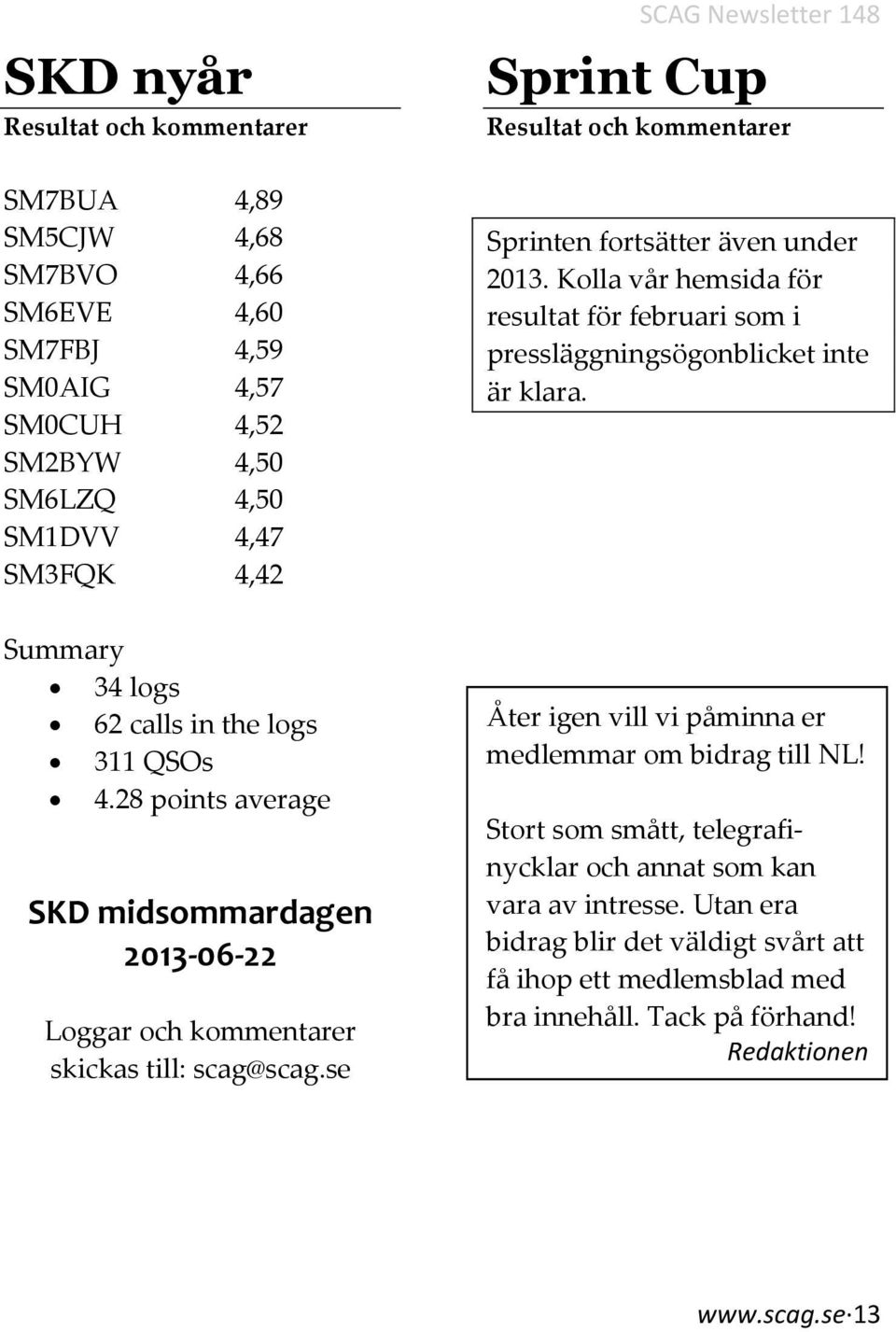 se SCAG Newsletter 148 Sprint Cup Resultat och kommentarer Sprinten fortsätter även under 2013. Kolla vår hemsida för resultat för februari som i pressläggningsögonblicket inte är klara.