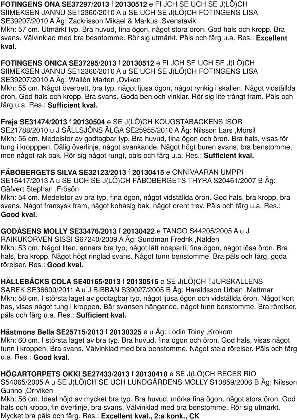 FOTINGENS ONICA SE37295/2013 f 20130512 e FI JCH SE UCH SE J(LÖ)CH SIIMEKSEN JANNU SE12360/2010 A u SE UCH SE J(LÖ)CH FOTINGENS LISA SE39207/2010 A Äg: Wallén Mårten,Oviken Mkh: 55 cm.