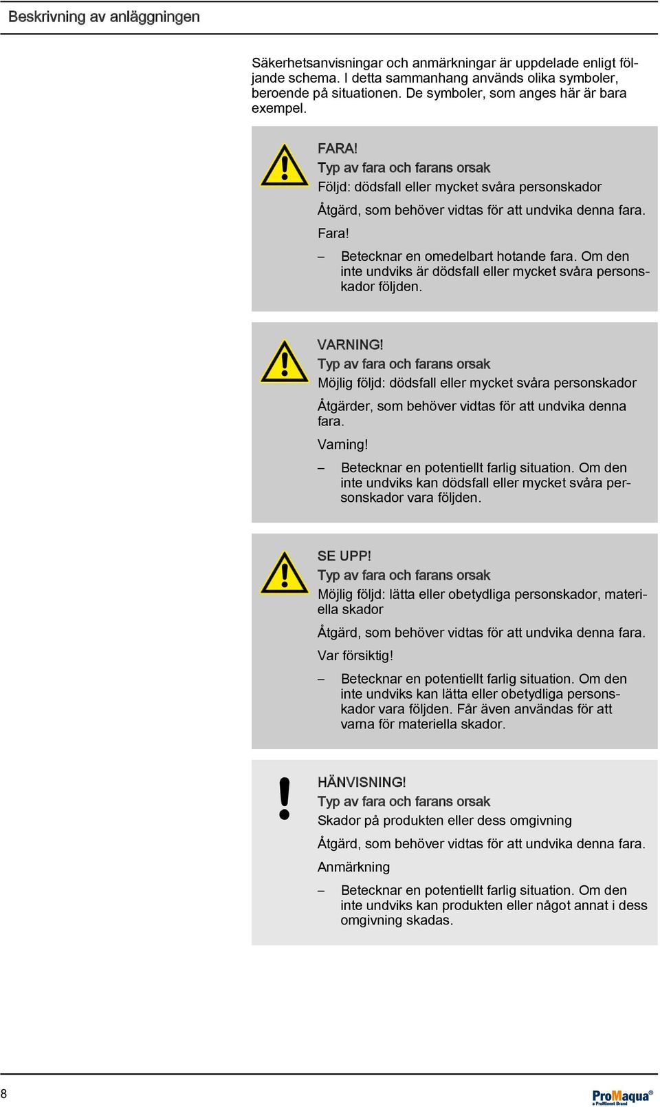 Betecknar en omedelbart hotande fara. Om den inte undviks är dödsfall eller mycket svåra personskador följden. VARNING!