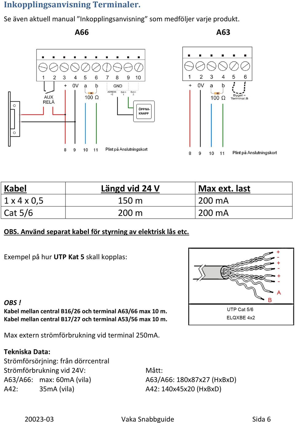 Kabel mellan central B16/26 och terminal A63/66 max 10 m. Kabel mellan central B17/27 och terminal A53/56 max 10 m. Max extern strömförbrukning vid terminal 250mA.