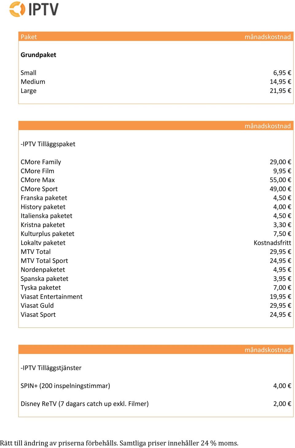 Spanska paketet Tyska paketet Viasat Entertainment Viasat Guld Viasat Sport 29,00 9,95 55,00 49,00 4,50 4,00 4,50 7,50 Kostnadsfritt 29,95 24,95