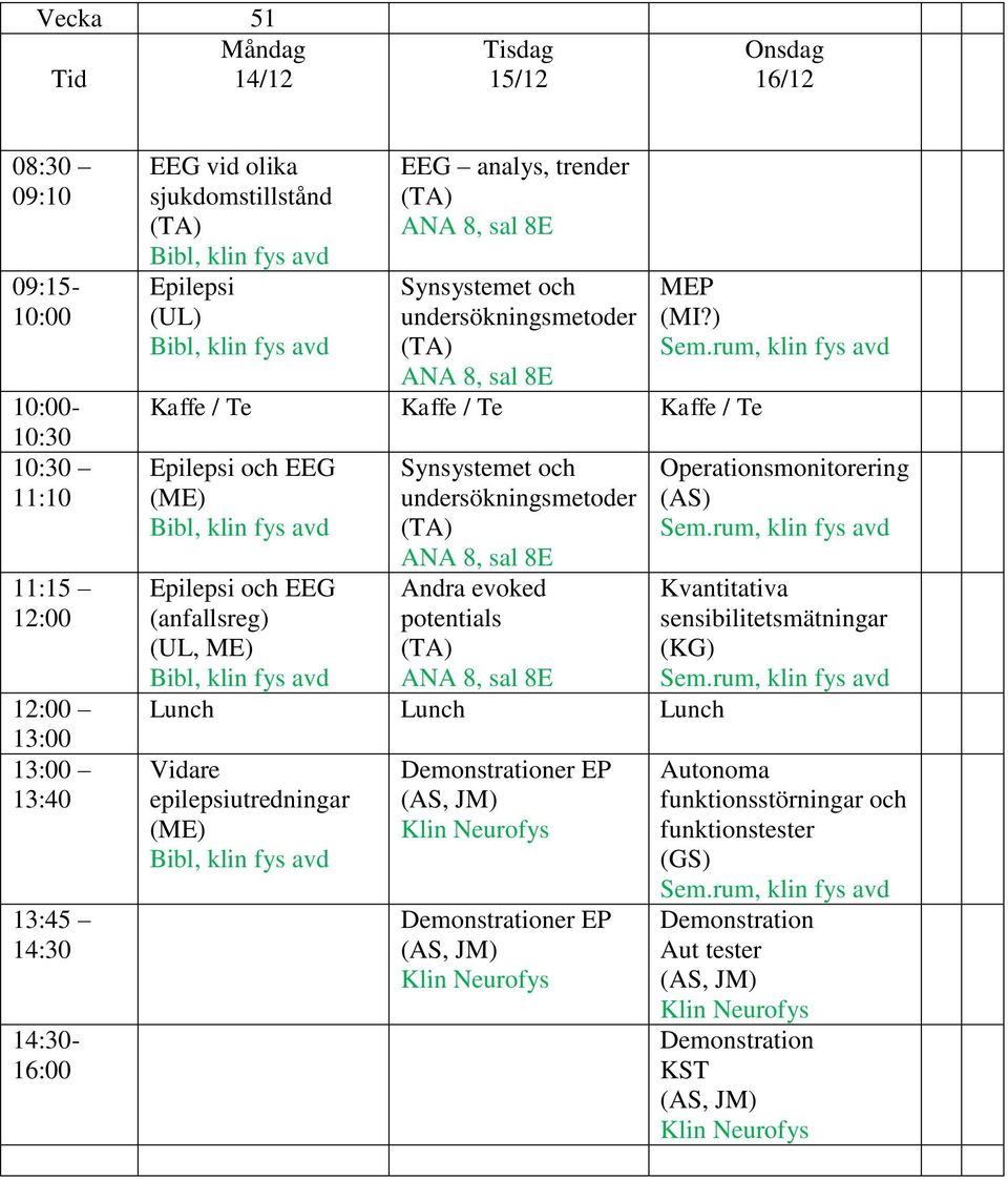 (UL, ME) Synsystemet och undersökningsmetoder ANA 8, sal 8E Andra evoked potentials ANA 8, sal 8E Lunch Lunch Lunch Vidare epilepsiutredningar (ME) Demonstrationer EP Demonstrationer EP