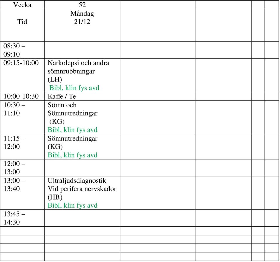12:00 13:00 13:00 13:40 13:45 14:30 Sömn och Sömnutredningar (KG)