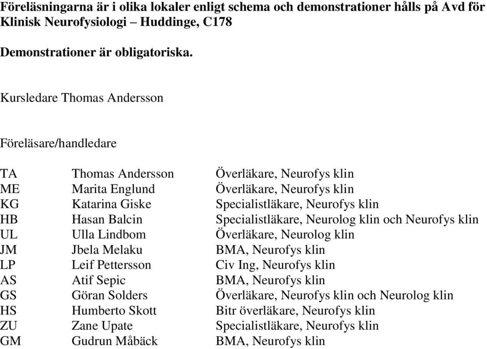 HB Hasan Balcin Specialistläkare, Neurolog klin och Neurofys klin UL Ulla Lindbom Överläkare, Neurolog klin JM Jbela Melaku BMA, Neurofys klin LP Leif Pettersson Civ Ing, Neurofys klin AS