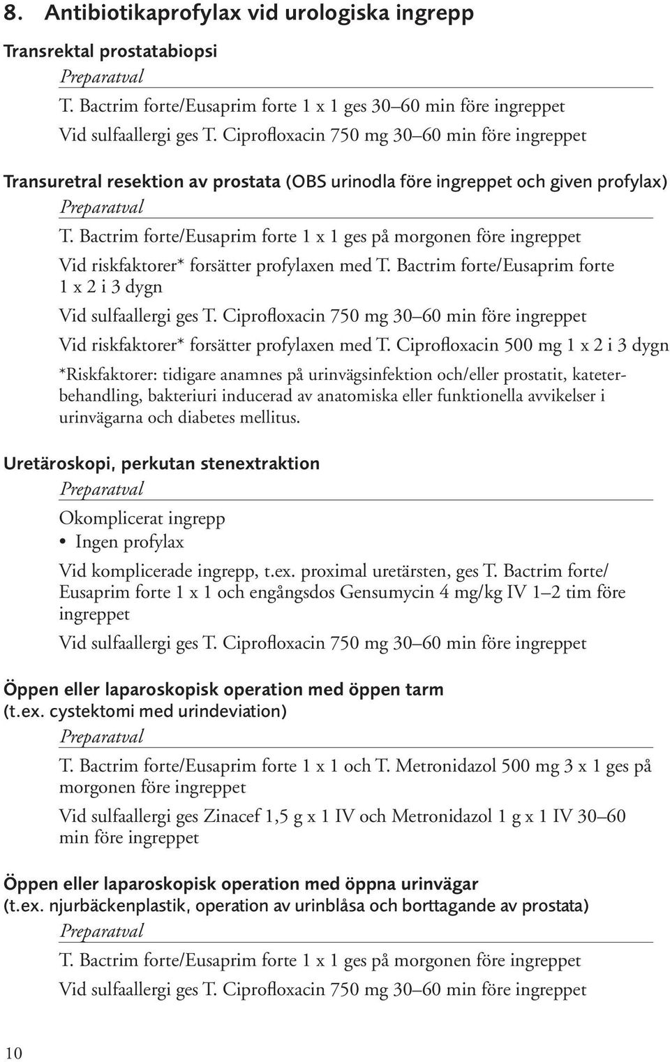 Bactrim forte/eusaprim forte 1 x 1 ges på morgonen före ingreppet Vid riskfaktorer* forsätter profylaxen med T. Bactrim forte/eusaprim forte 1 x 2 i 3 dygn Vid sulfaallergi ges T.