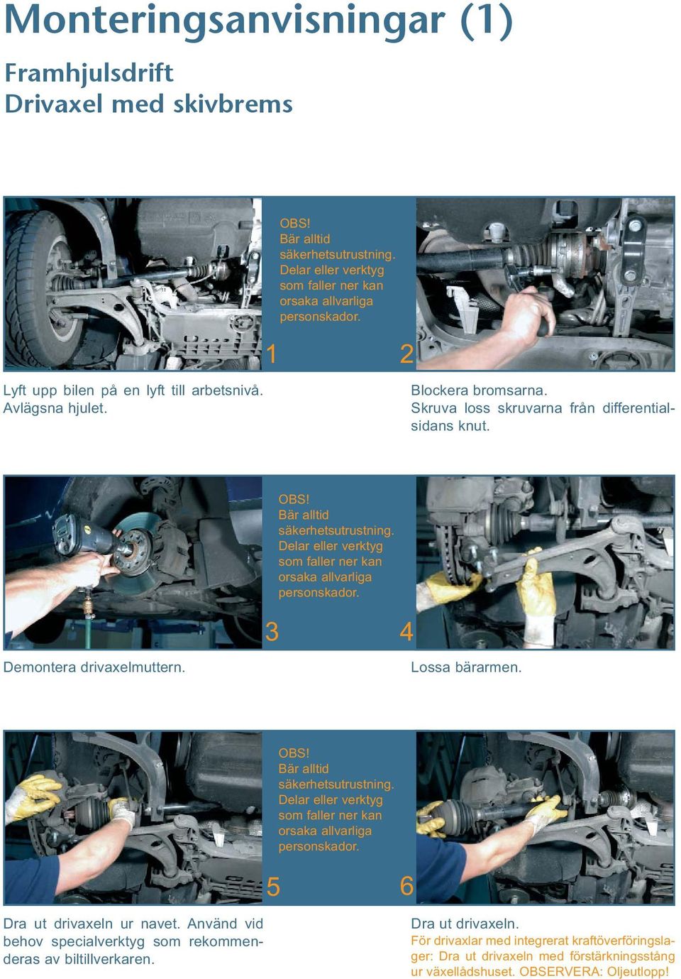 3 4 Lossa bärarmen. 5 6 Dra ut drivaxeln ur navet. Använd vid behov specialverktyg som rekommenderas av biltillverkaren.