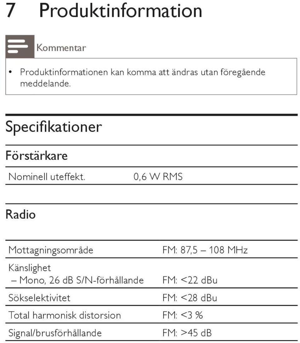 0,6 W RMS Radio Mottagningsområde FM: 87,5 108 MHz Känslighet Mono, 26 db