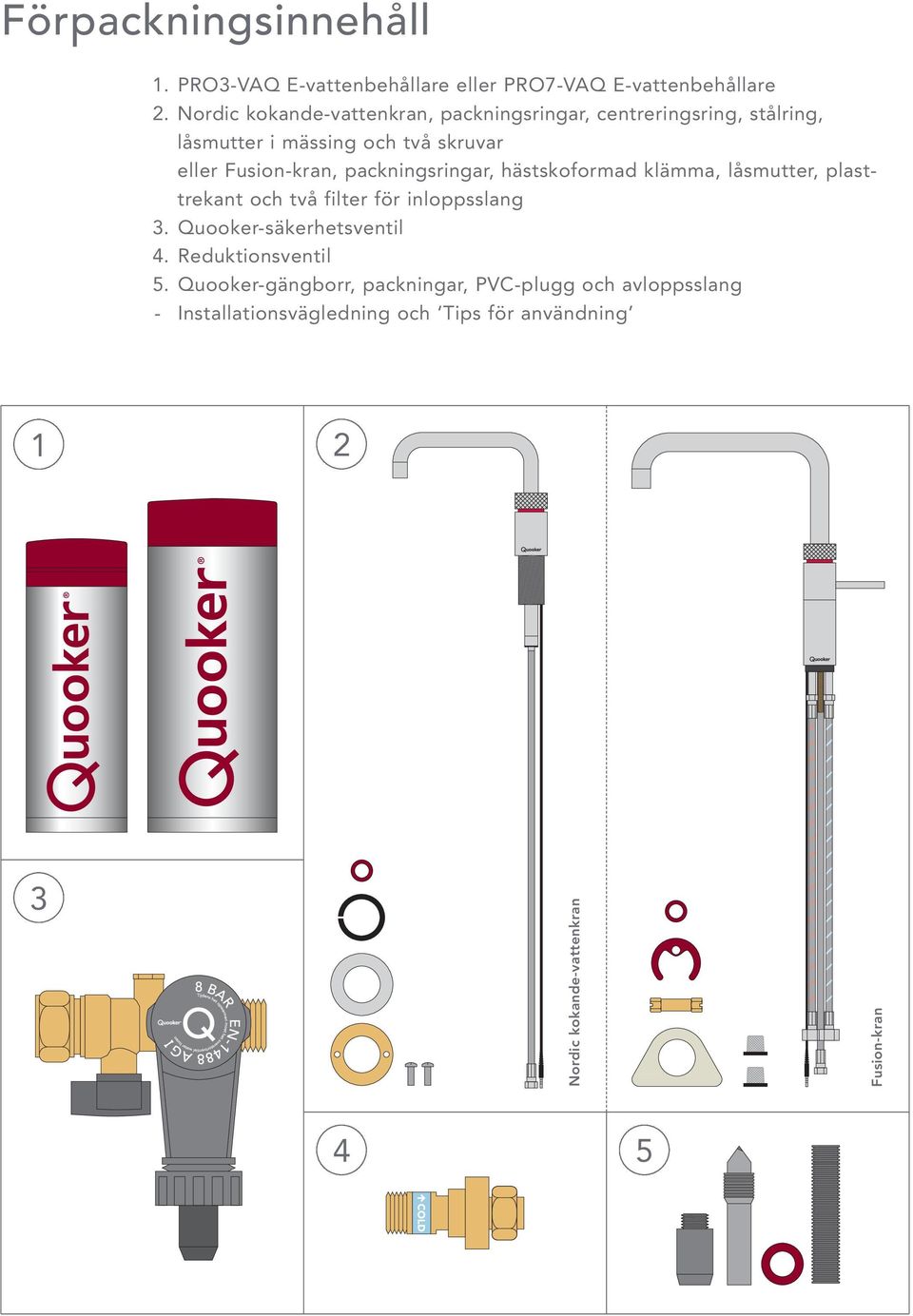 packningsringar, hästskoformad klämma, låsmutter, plasttrekant och två filter för inloppsslang 3. Quooker-säkerhetsventil 4.