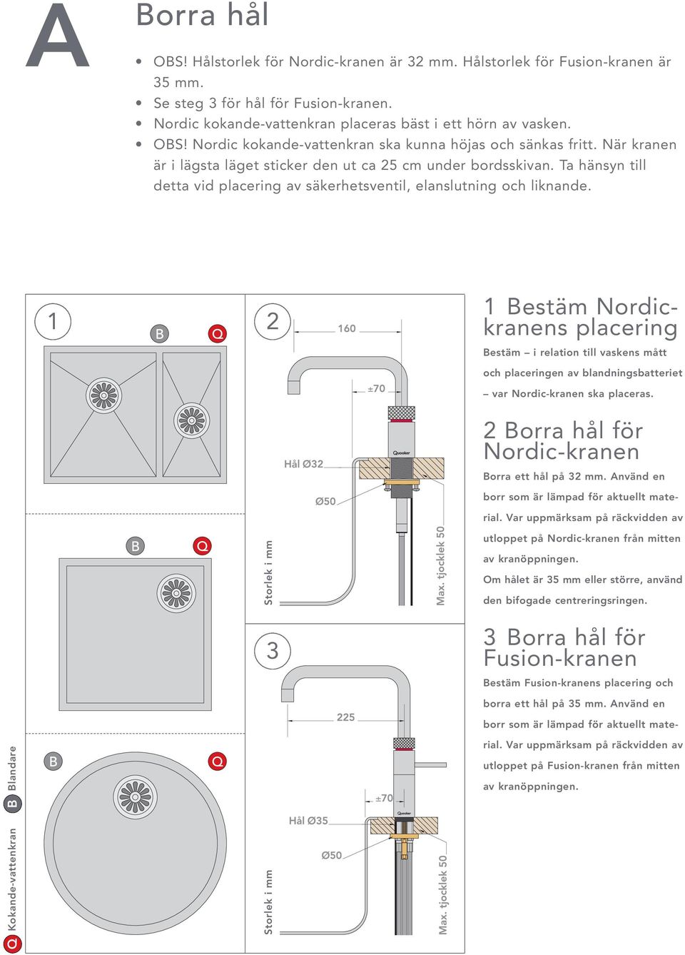 1 2 1 Bestäm Nordickranens placering Bestäm i relation till vaskens mått och placeringen av blandningsbatteriet var Nordic-kranen ska placeras. 2 Borra hål för Nordic-kranen Borra ett hål på 32 mm.