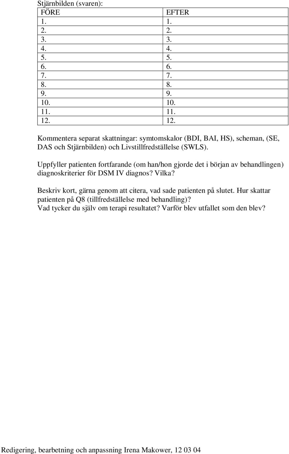 Uppfyller patienten fortfarande (om han/hon gjorde det i början av behandlingen) diagnoskriterier för DSM IV diagnos? Vilka?