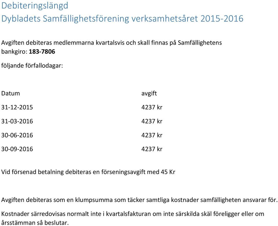 4237 kr Vid försenad betalning debiteras en förseningsavgift med 45 Kr Avgiften debiteras som en klumpsumma som täcker samtliga kostnader