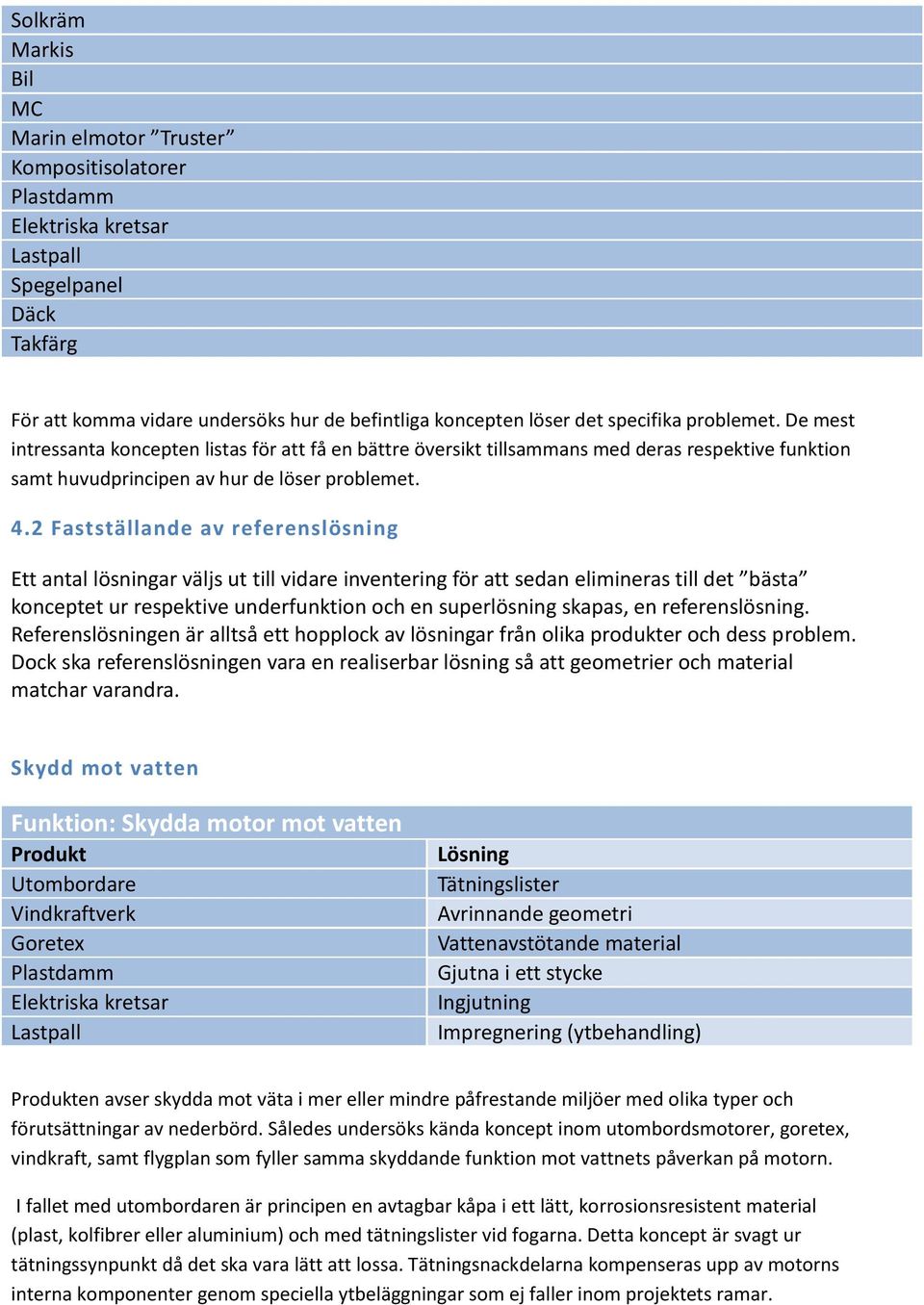 2 Fastställande av referenslösning Ett antal lösningar väljs ut till vidare inventering för att sedan elimineras till det bästa konceptet ur respektive underfunktion och en superlösning skapas, en