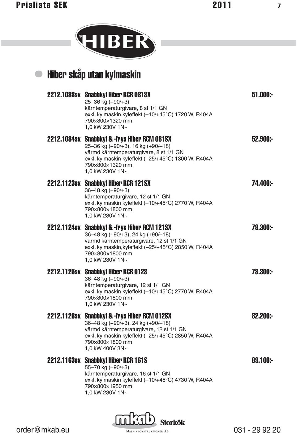 kylmaskin kyleffekt ( 25/+45 C) 1300 W, R404A 790 800 1320 mm 2212.1123sx Snabbkyl Hiber RCR 121SX 74.400:- 36 48 kg (+90/+3) kärntemperaturgivare, 12 st 1/1 GN exkl.