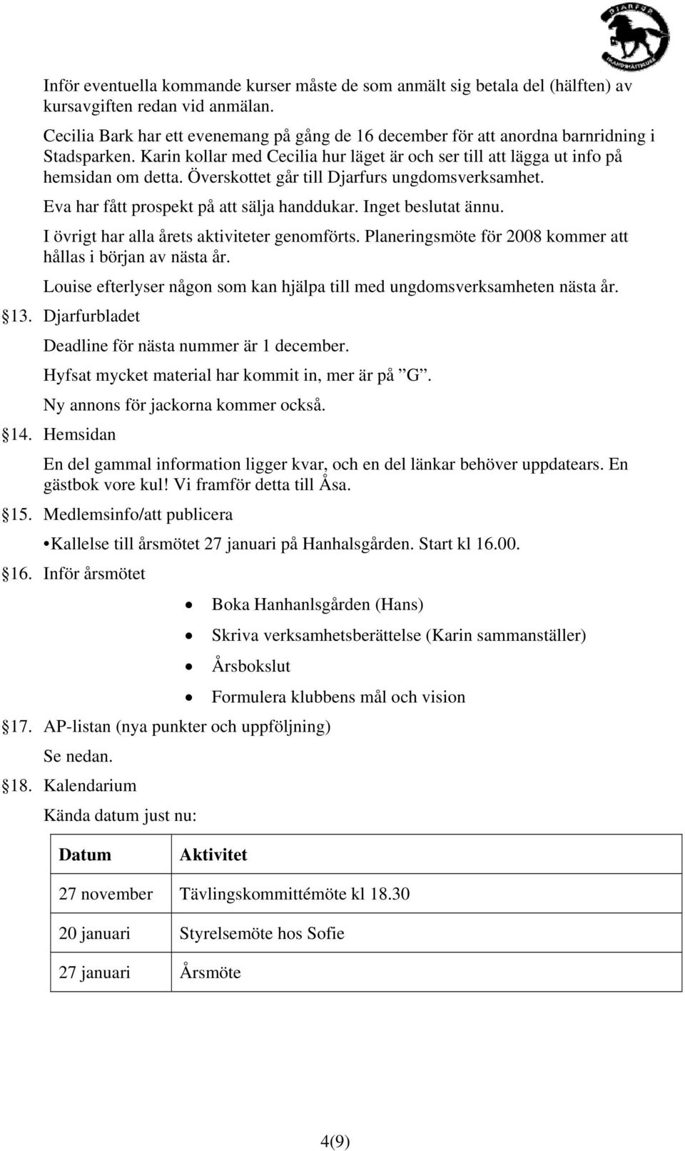 Överskottet går till Djarfurs ungdomsverksamhet. Eva har fått prospekt på att sälja handdukar. Inget beslutat ännu. I övrigt har alla årets aktiviteter genomförts.