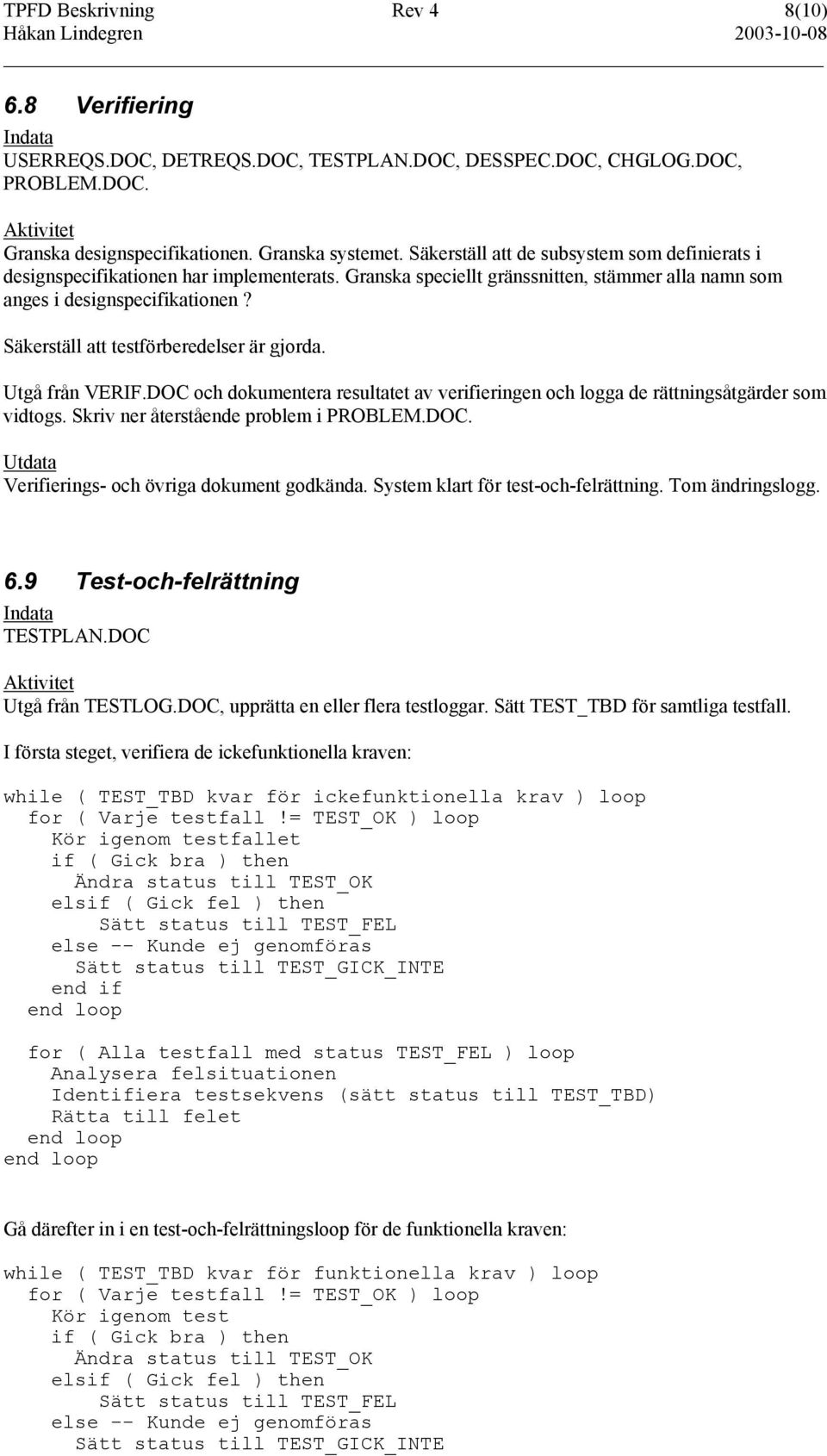 Säkerställ att testförberedelser är gjorda. Utgå från VERIF.DOC och dokumentera resultatet av verifieringen och logga de rättningsåtgärder som vidtogs. Skriv ner återstående problem i PROBLEM.DOC. Verifierings- och övriga dokument godkända.