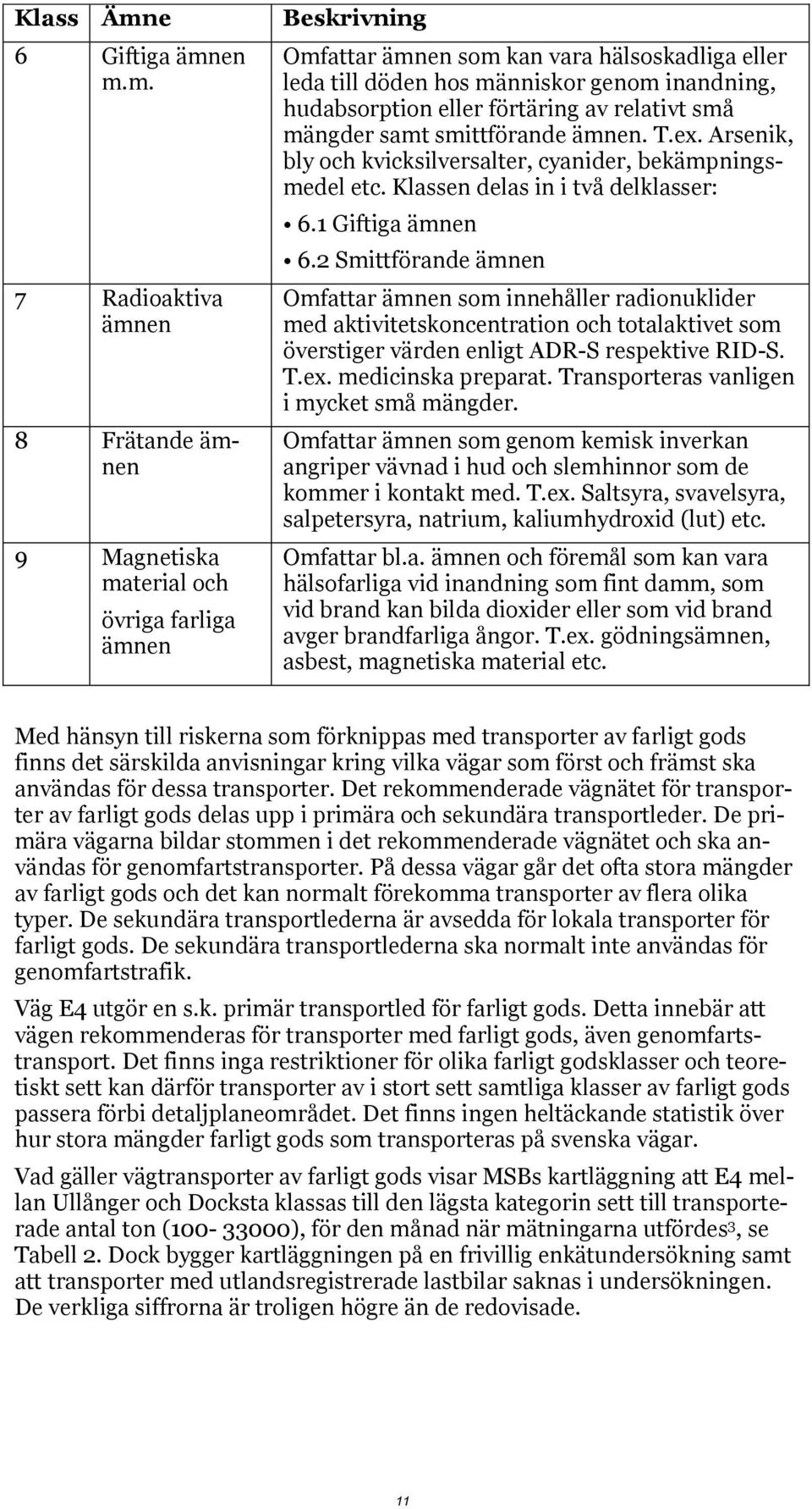 en m.m. 7 Radioaktiva ämnen 8 Frätande ämnen 9 Magnetiska material och övriga farliga ämnen Beskrivning Omfattar ämnen som kan vara hälsoskadliga eller leda till döden hos människor genom inandning,