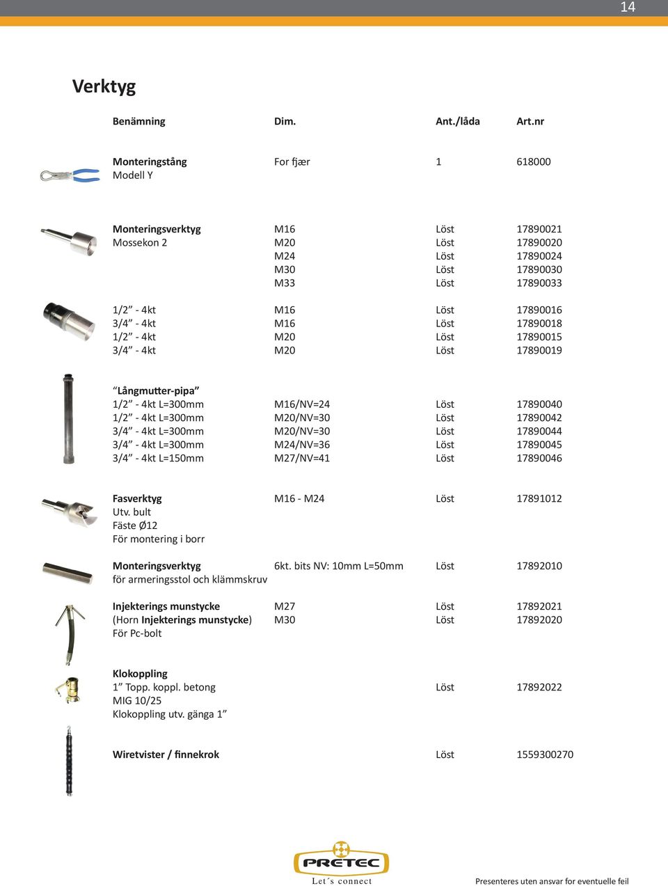 3/4-4kt M16 Löst 17890018 1/2-4kt M20 Löst 17890015 3/4-4kt M20 Löst 17890019 Långmutter-pipa 1/2-4kt L=300mm M16/NV=24 Löst 17890040 1/2-4kt L=300mm M20/NV=30 Löst 17890042 3/4-4kt L=300mm M20/NV=30
