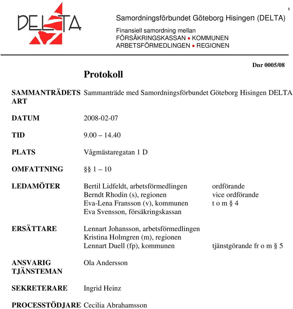 40 PLATS Vågmästaregatan 1 D OMFATTNING 1 10 LEDAMÖTER Bertil Lidfeldt, arbetsförmedlingen ordförande Berndt Rhodin (s), regionen vice ordförande Eva-Lena Fransson (v),