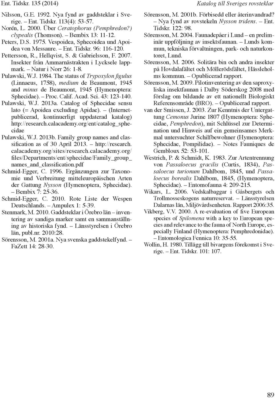 Natur i Norr 26: 1-8. Pulawski, W.J. 1984. The status of Trypoxylon figulus (Linnaeus, 1758), medium de Beaumont, 1945 and minus de Beaumont, 1945 (Hymenoptera: Sphecidae). Proc. Calif. Acad. Sci.
