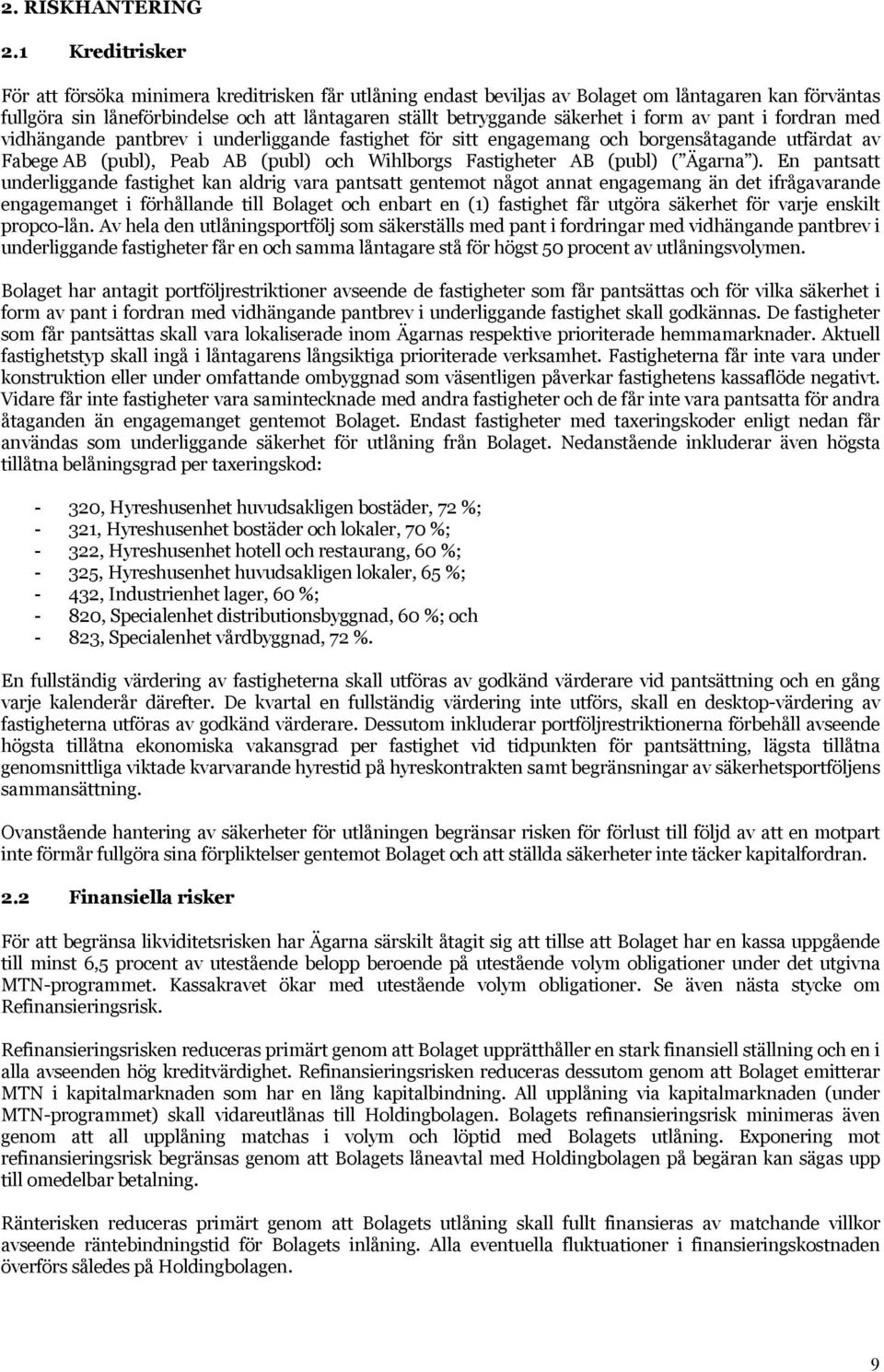 form av pant i fordran med vidhängande pantbrev i underliggande fastighet för sitt engagemang och borgensåtagande utfärdat av Fabege AB (publ), Peab AB (publ) och Wihlborgs Fastigheter AB (publ) (