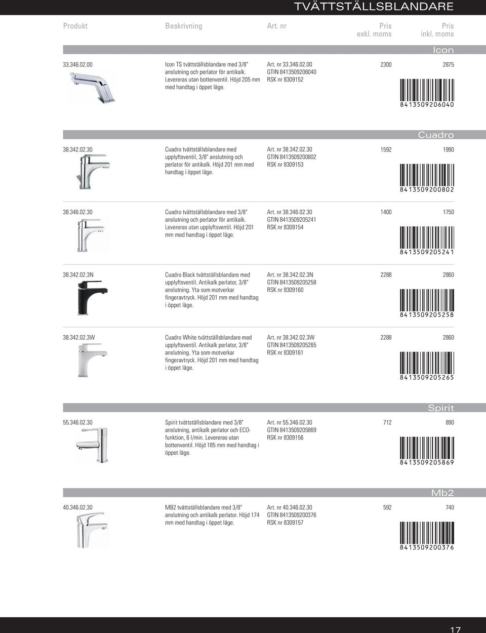Höjd 201 mm med handtag i öppet läge. Art. nr 38.342.02.30 GTIN 8413509200802 RSK nr 8309153 Cuadro 1592 1990 8413509200802 38.346.02.30 Cuadro tvättställsblandare med 3/8" anslutning och perlator för antikalk.