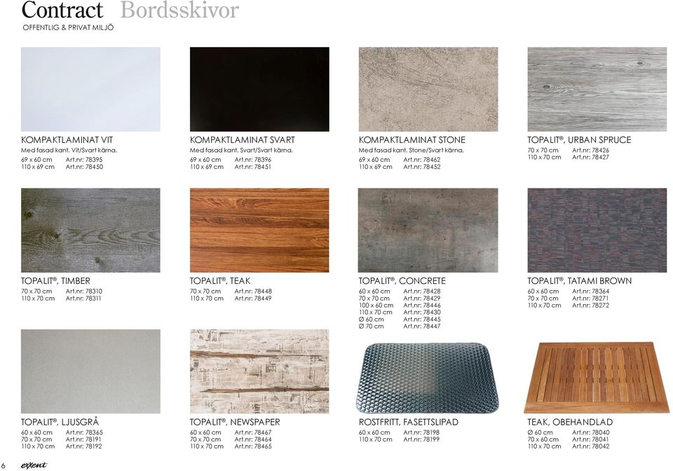 nr: 78427 TOPALIT, TIMBER 70 x 70 cm Art.nr: 78310 110 x 70 cm Art.nr: 78311 TOPALIT, TEAK 70 x 70 cm Art.nr: 78448 110 x 70 cm Art.nr: 78449 TOPALIT, CONCRETE 60 x 60 cm Art.nr: 78428 70 x 70 cm Art.