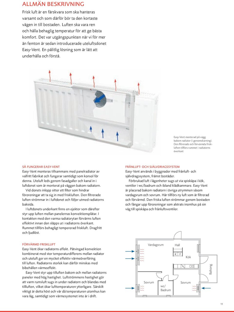 En pålitlig lösning som är lätt att underhålla och förstå. Easy-Vent monterad på vägg bakom radiator (i genomskärning).