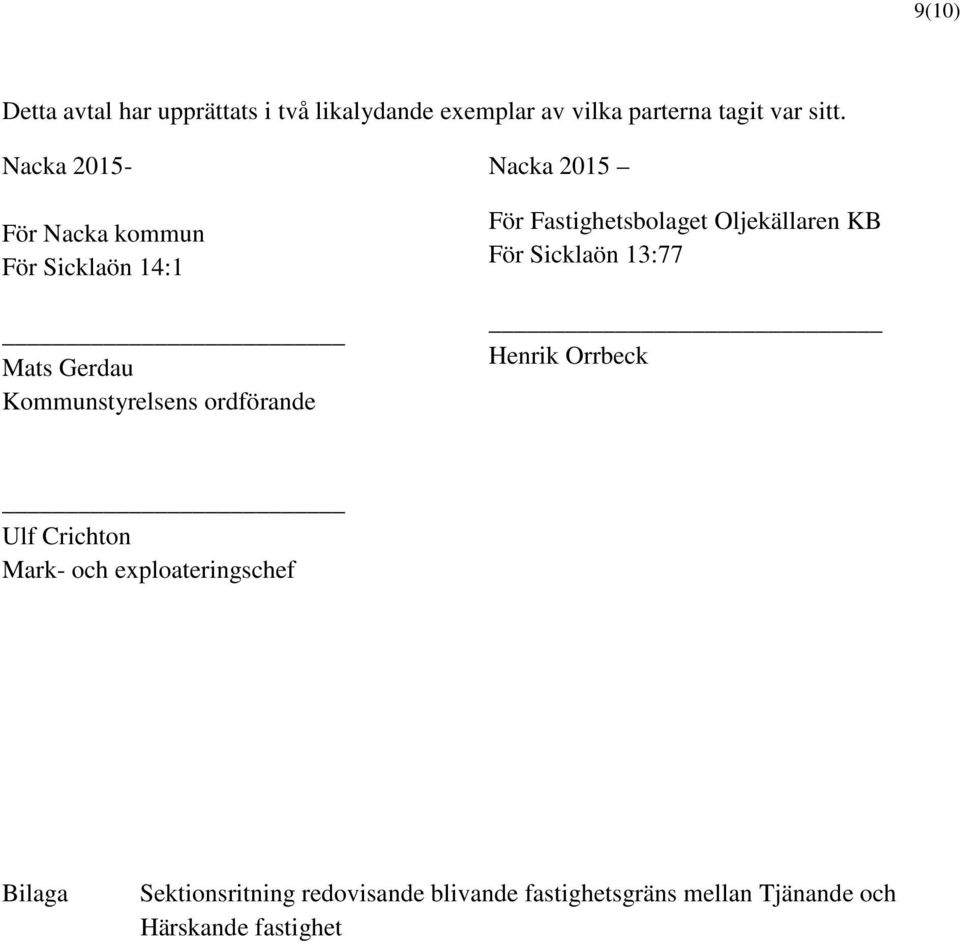 För Fastighetsbolaget Oljekällaren KB För Sicklaön 13:77 Henrik Orrbeck Ulf Crichton Mark- och