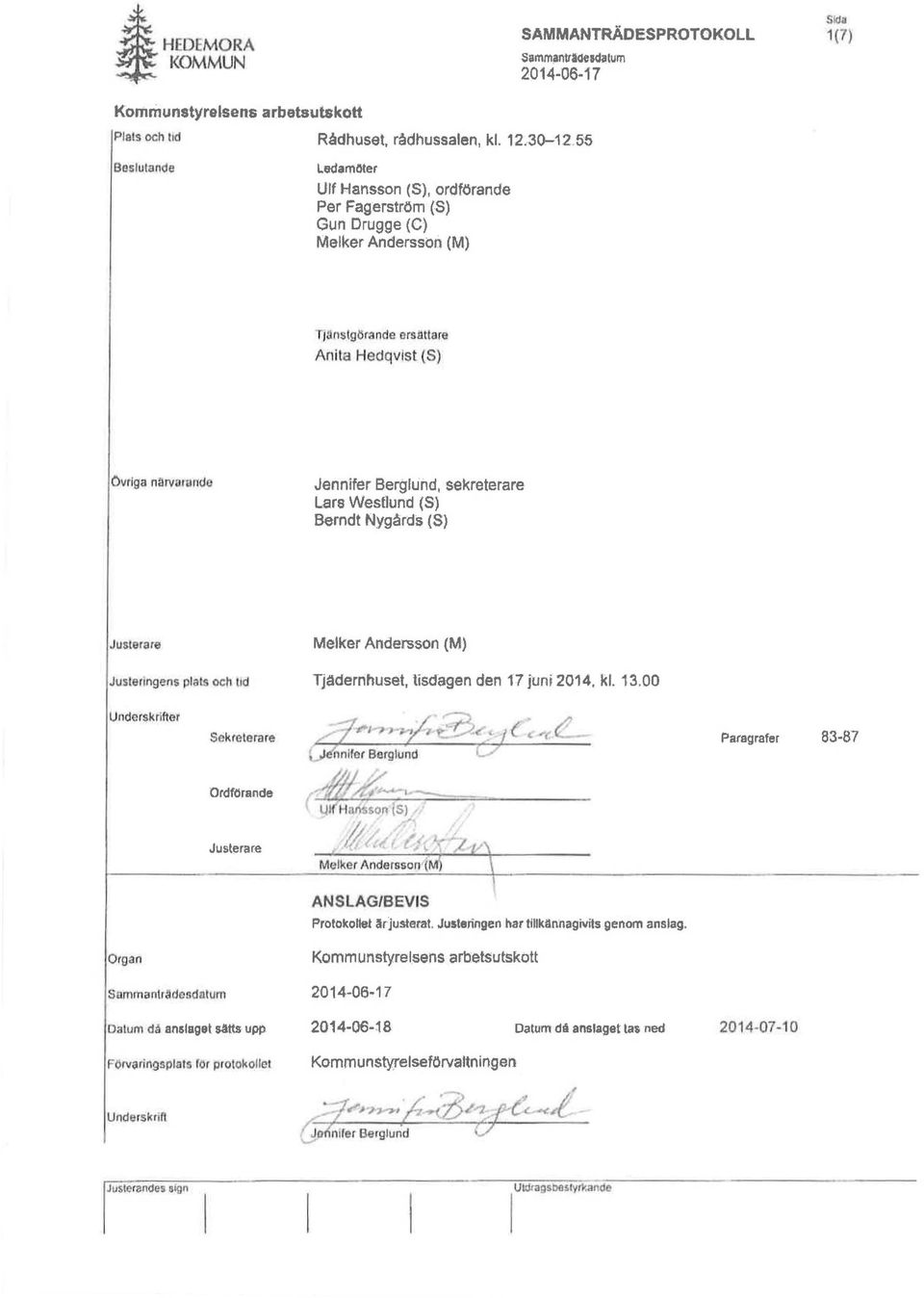 are Anita Hedqvlst (S) Övriga närvarande Jennifer Bergllind, sekreterare Lars WesOund (S) Berndt Nygårds (8) Justerare Justeringens plats oc~ ltd Melker Ande~son (M) Tjadernhuset, tisdagen den 17