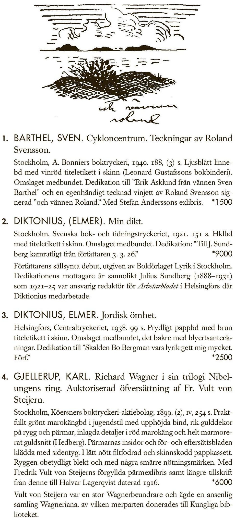 Dedikation till Erik Asklund från vännen Sven Barthel och en egenhändigt tecknad vinjett av Roland Svensson signerad och vännen Roland. Med Stefan Anderssons exlibris. *1500 2. DIKTONIUS, (ELMER).