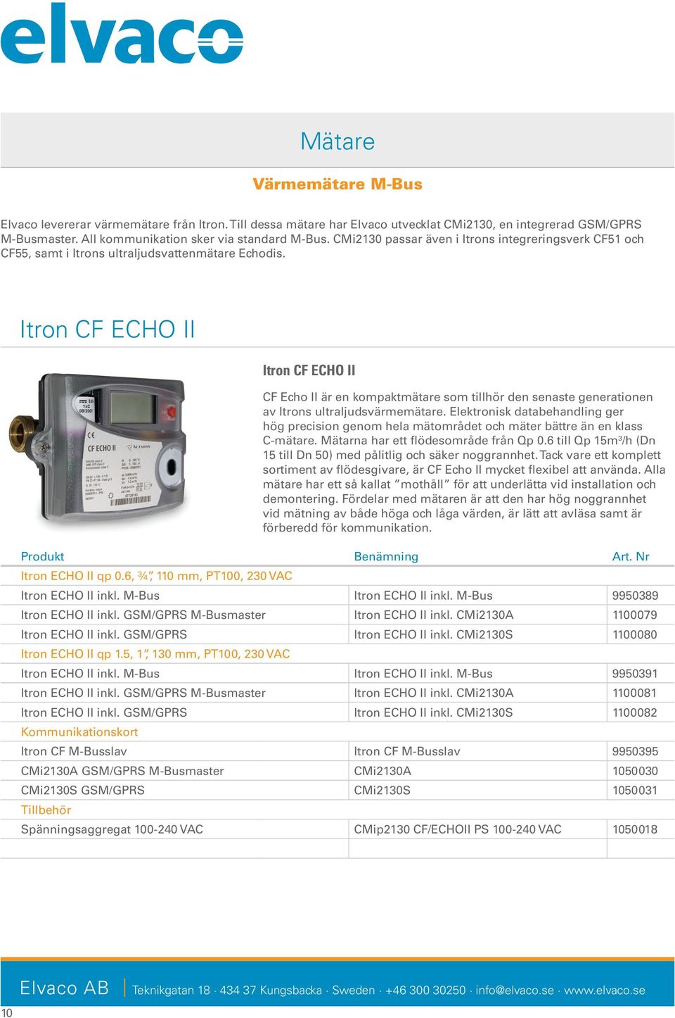 Itron CF ECHO II Itron CF ECHO II CF Echo II är en kompaktmätare som tillhör den senaste generationen av Itrons ultraljudsvärmemätare.