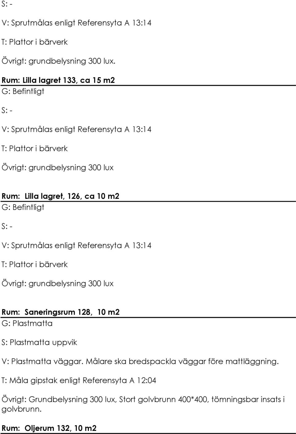 S: - V: Sprutmålas enligt Referensyta A 13:14 Övrigt: grundbelysning 300 lux Rum: Saneringsrum 128, 10 m2 S: Plastmatta uppvik V: Plastmatta