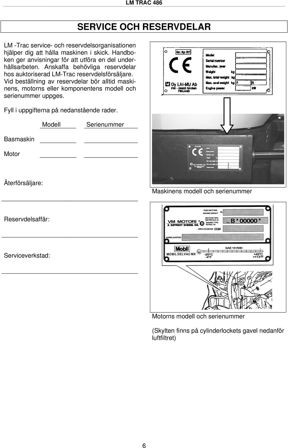 Vid beställning av reservdelar bör alltid maskinens, motorns eller komponentens modell och serienummer uppges. Fyll i uppgifterna på nedanstående rader.