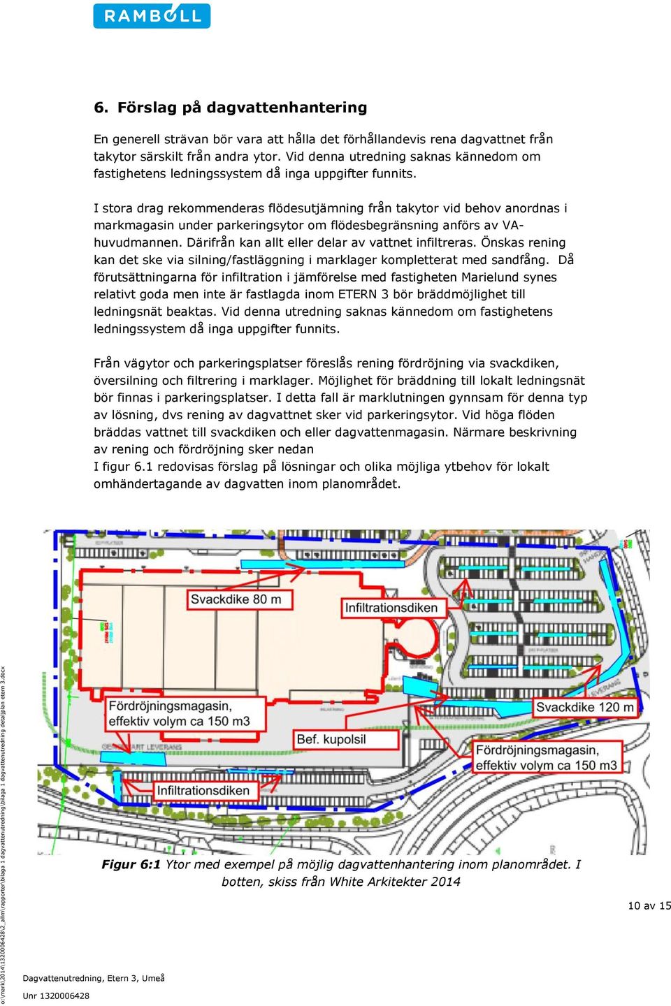 I stora drag rekommenderas flödesutjämning från takytor vid behov anordnas i markmagasin under parkeringsytor om flödesbegränsning anförs av VAhuvudmannen.