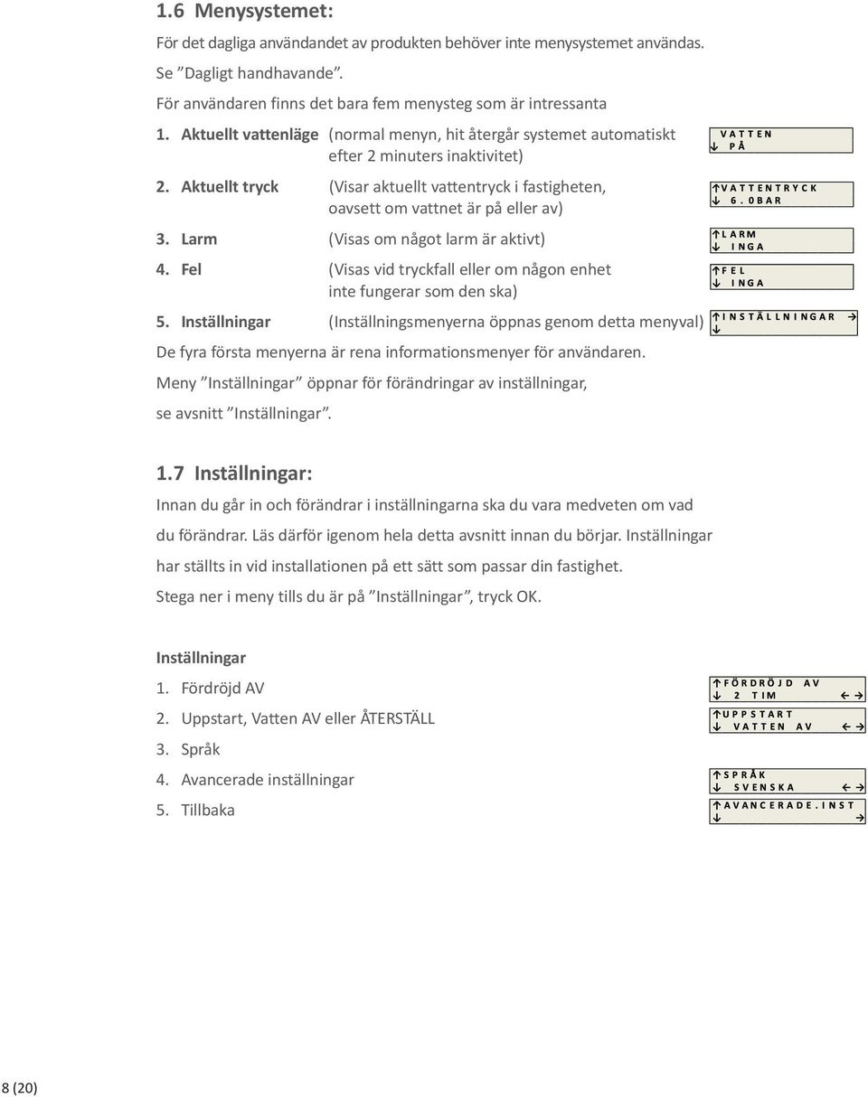 Larm (Visas om något larm är aktivt) 4. Fel (Visas vid tryckfall eller om någon enhet inte fungerar som den ska) 5.